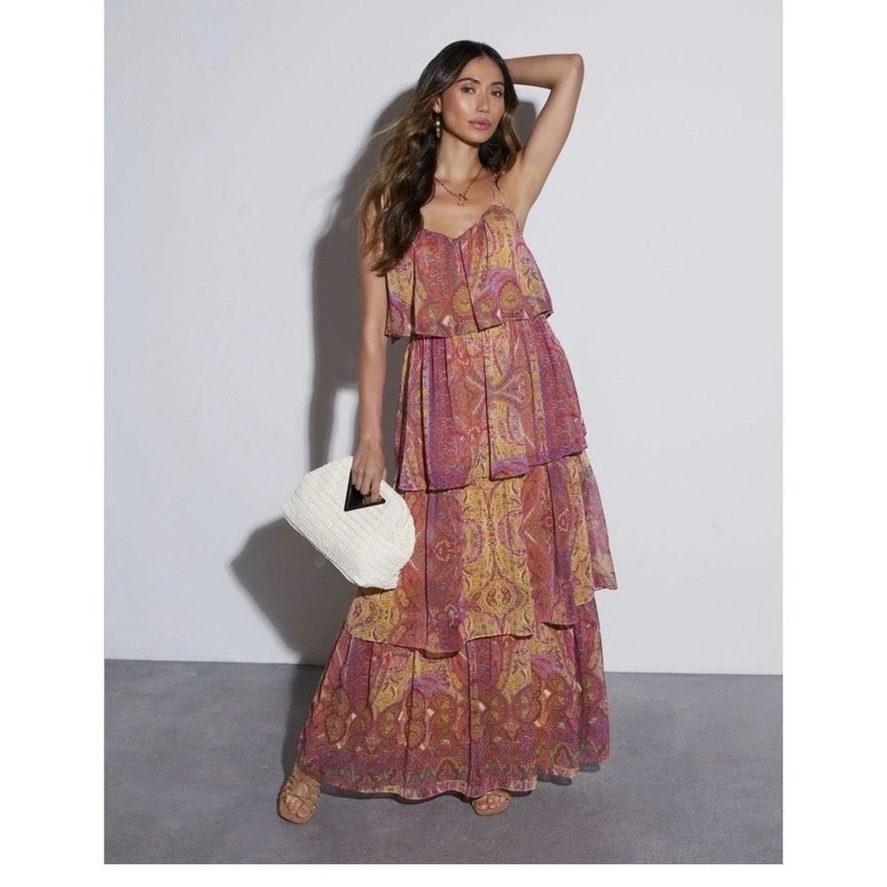 VICI Phoebe Paisley Tiered Chiffon Maxi Dress M NWT Romantic Boho Festival